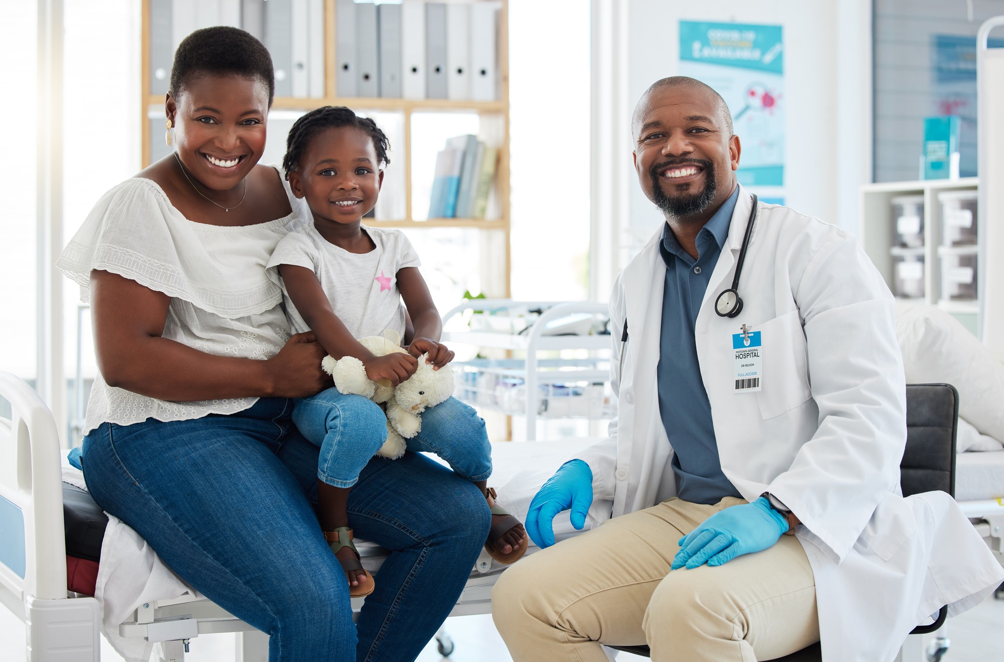 Black people consulting pediatrician family doctor for patient healthcare service, medical help and